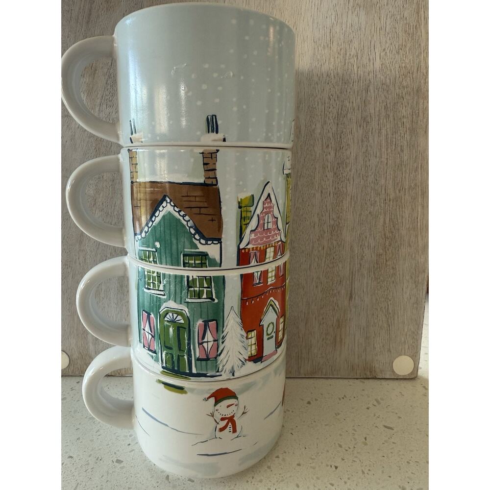 Pier 1 Stacking Festive Holiday Mugs Winter Scene Christmas Village Stoneware‎